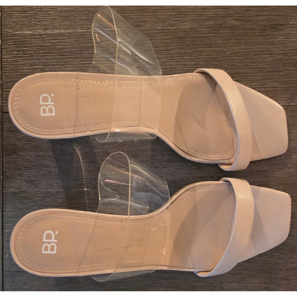 BP Naomi-PU Tan Clear Block Heel Sandals Square Toe Mules Size 13M